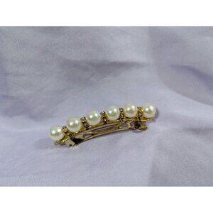 Vintage Faux Pearl & Rhinestone Gold Tone Hair Barrette